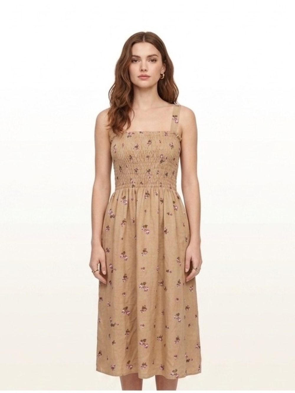 Beige Floral Print Smocked Top Dress